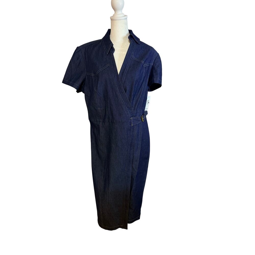 Shelby & Palmer  dark wash denim wrap midi dress  collar side buckle Size 14